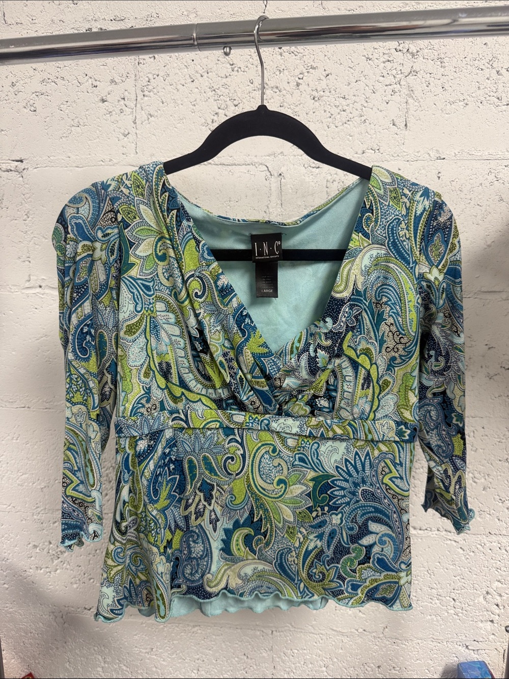 INC International Concepts Blue and Green Paisley V-Neck Blouse